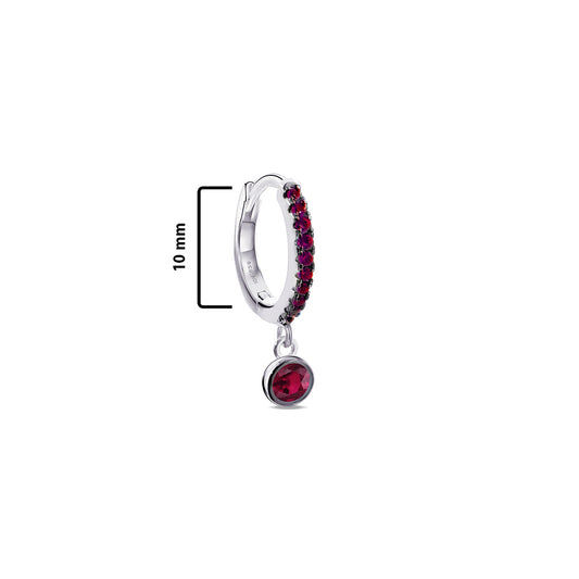 geen and pink hoop earring with dangling round stone in bezel setting.