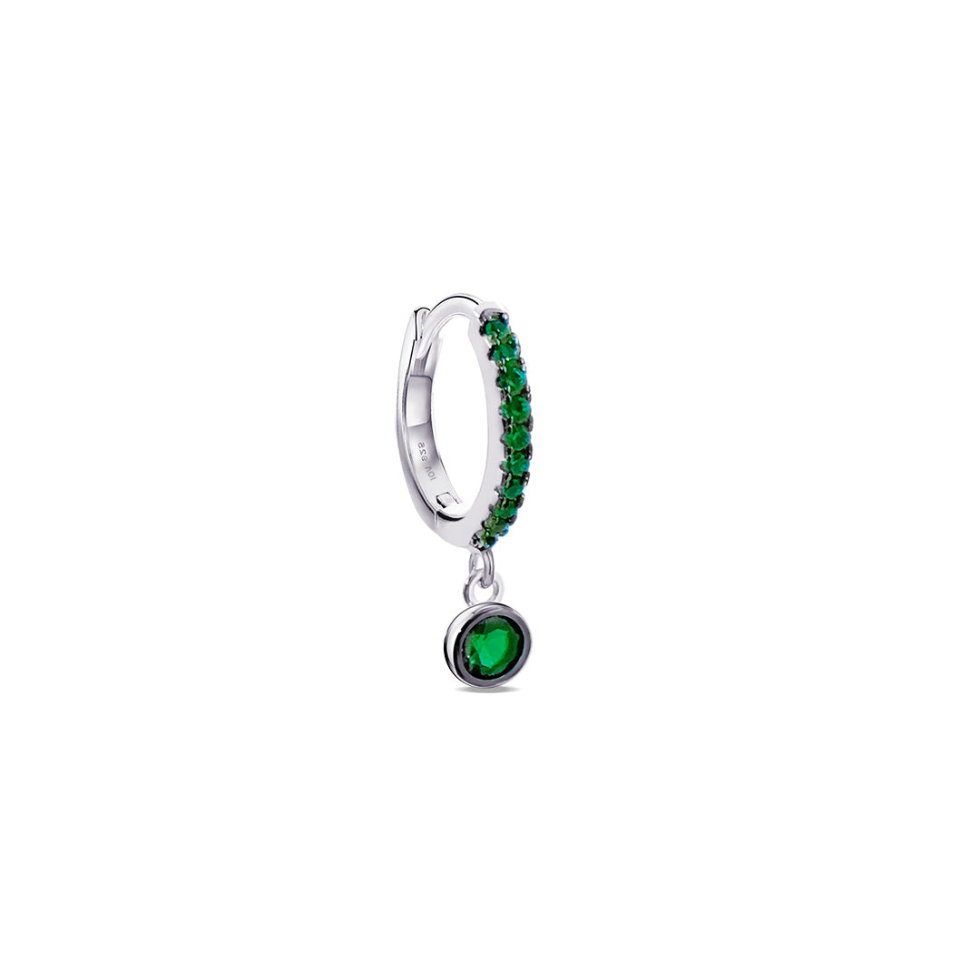 geen and pink hoop earring with dangling round stone in bezel setting.