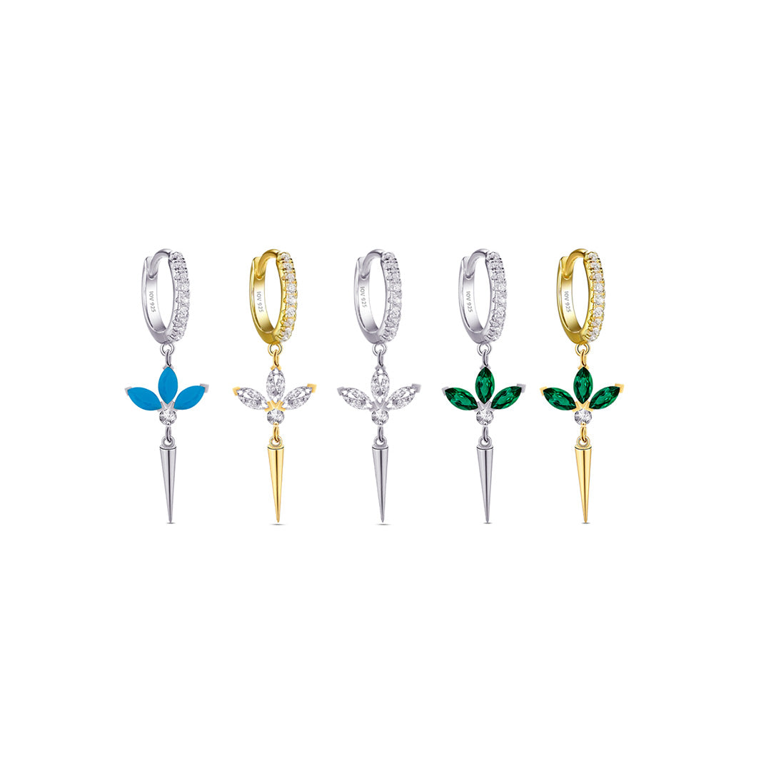 CZ huggie hoop with dangling lotus shape.