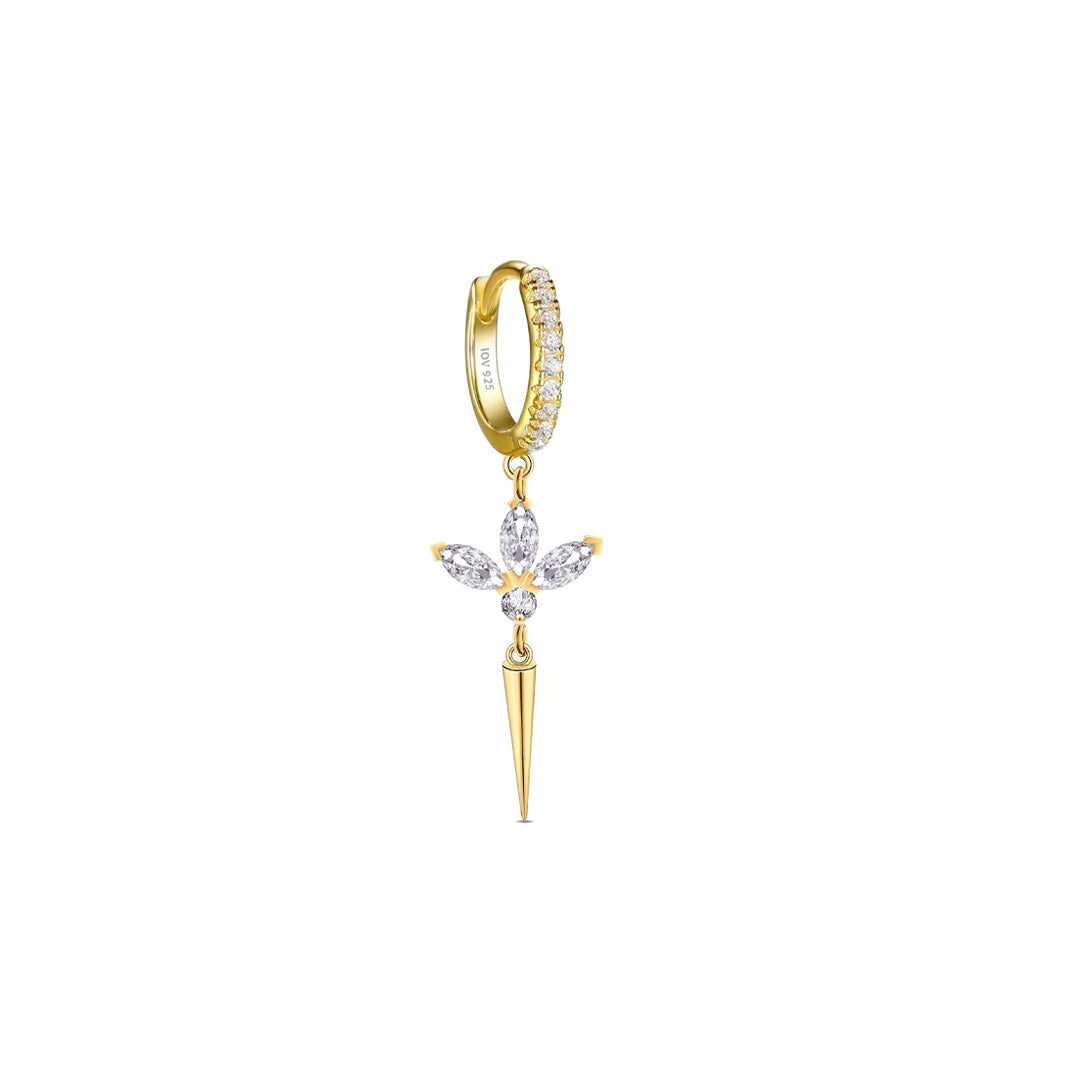 CZ huggie hoop with dangling lotus shape.