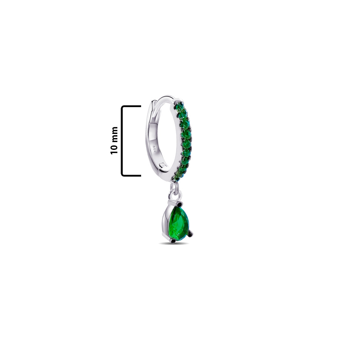 green CZ hoop earring with dangling green pear shape stone.