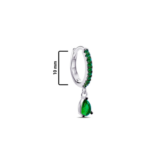green CZ hoop earring with dangling green pear shape stone.