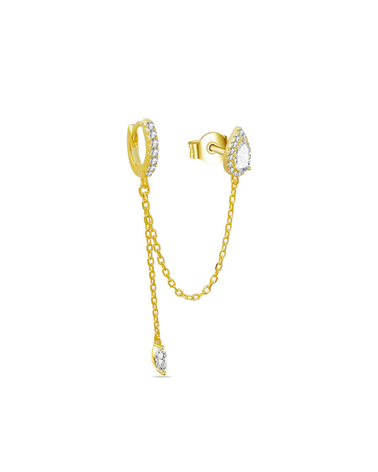 CZ pear shape stud chain-linked to hoop with dangling marquise shape.