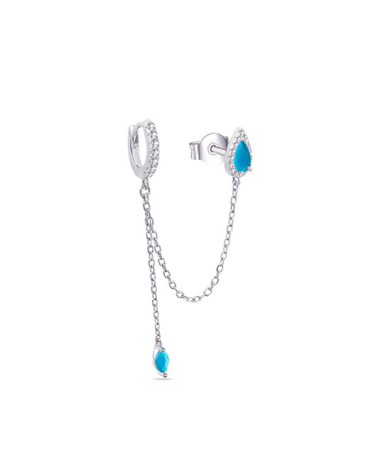turquoise pear shape stud chain-linked to hoop with dangling marquise shape.