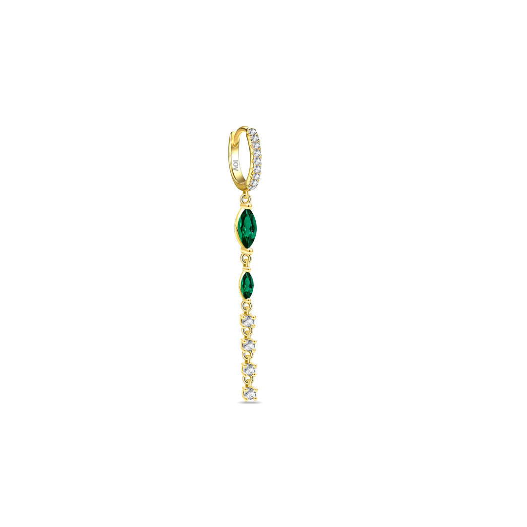 dangling line with two emerald marquise stones hoop.
