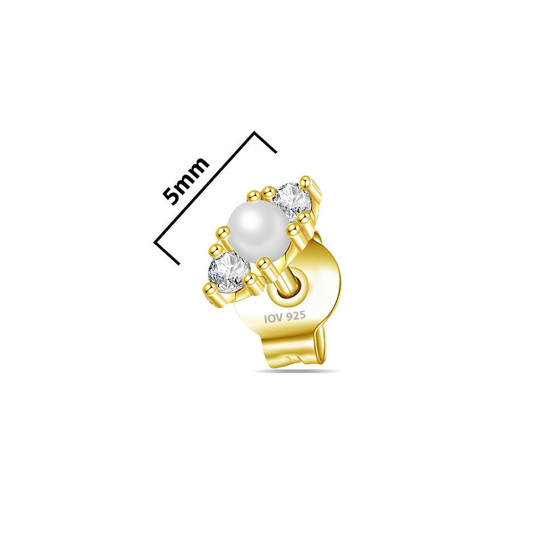 one pearl and two round CZ stones stud earring.