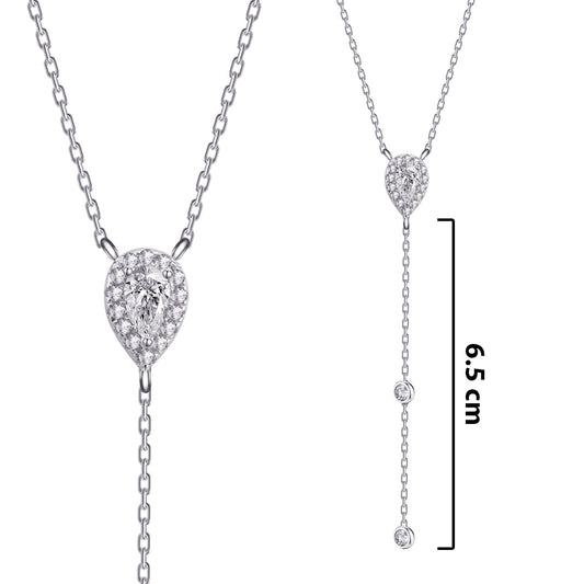 Y model necklace with a middle pear shape stone in a halo setting