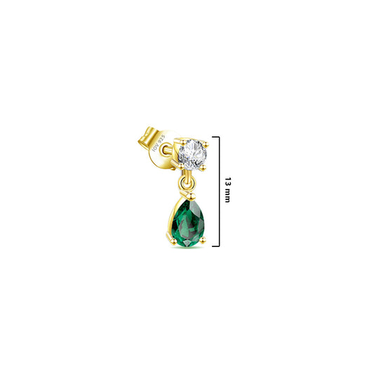 round stone stud earring with dangling emerald color pear shape stone.