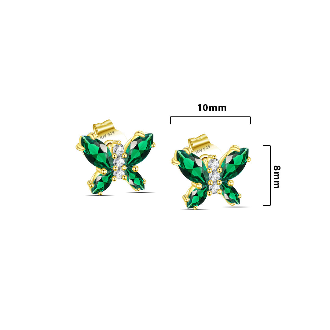 Sterling Silver Marquise Emerald Color Stones Butterfly Stud Earrings