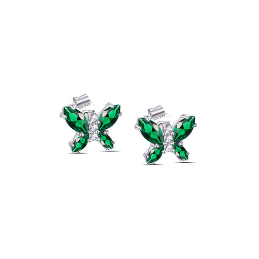Sterling Silver Marquise Emerald Color Stones Butterfly Stud Earrings
