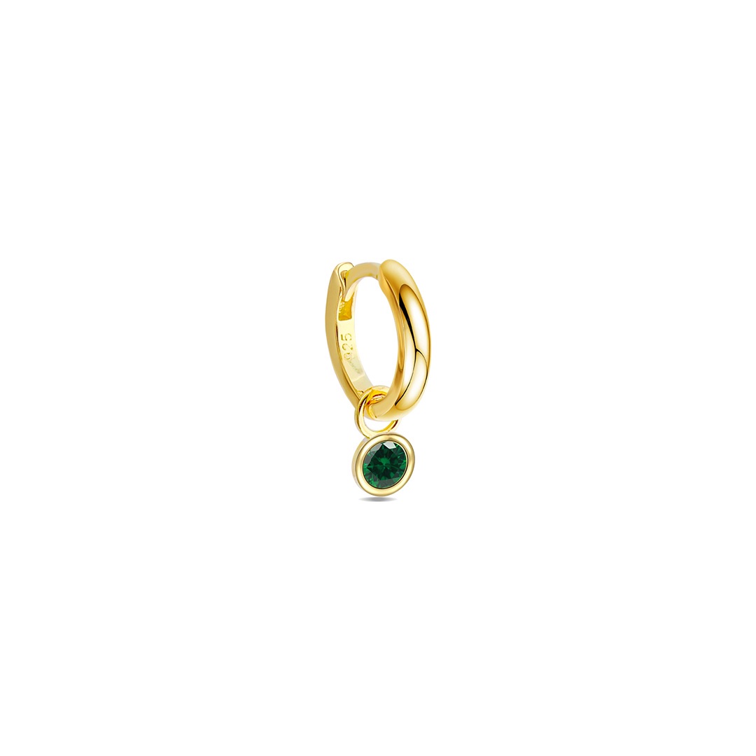 Plain hoop with dangling emerald color CZ stone in a bezel setting.
