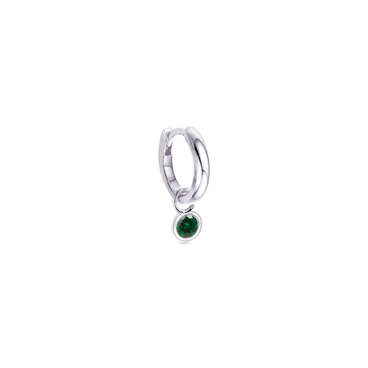 Plain hoop with dangling emerald color CZ stone in a bezel setting.