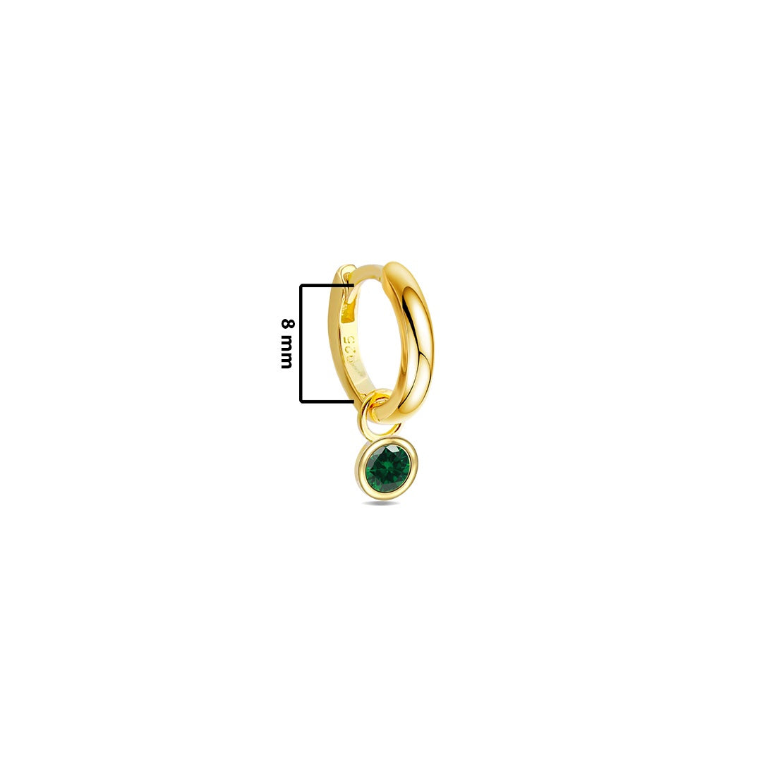 Plain hoop with dangling emerald color CZ stone in a bezel setting.