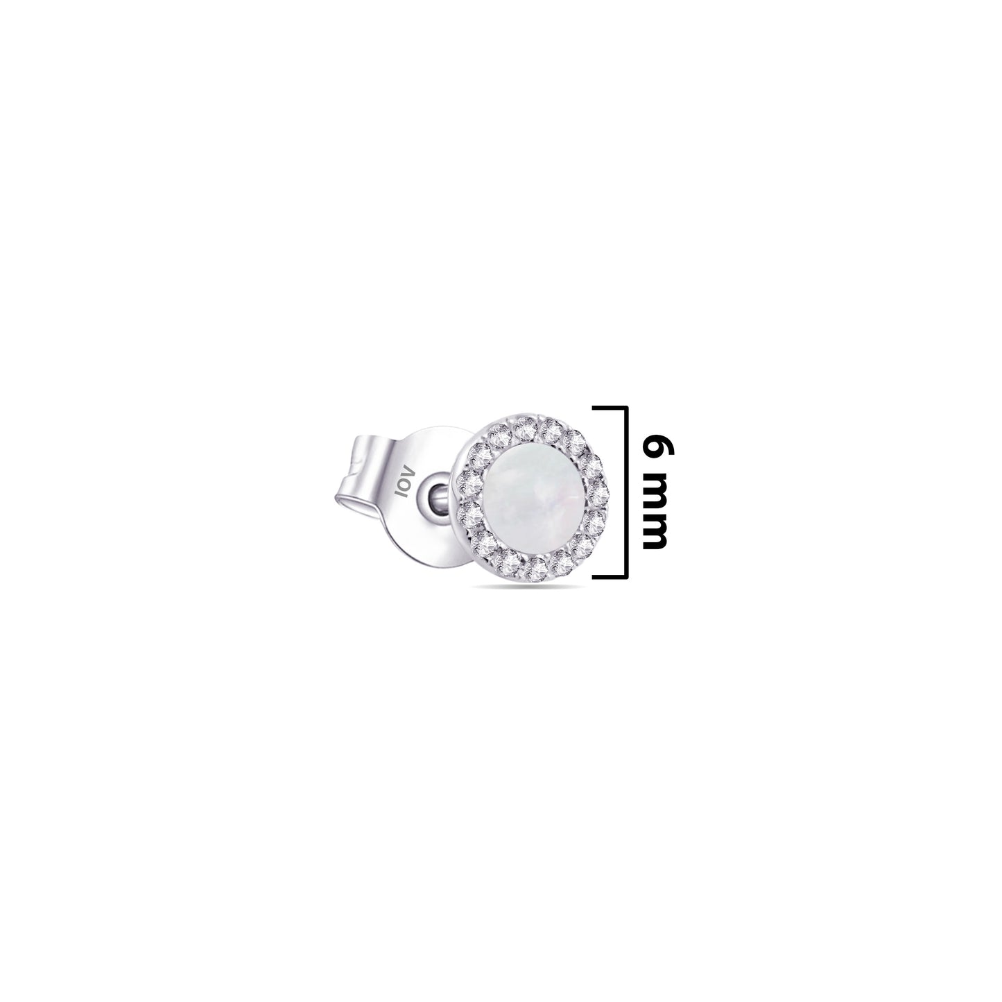 mother of pearl stud earring with CZ halo setting.