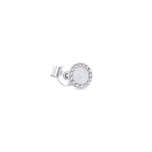 mother of pearl stud earring with CZ halo setting.