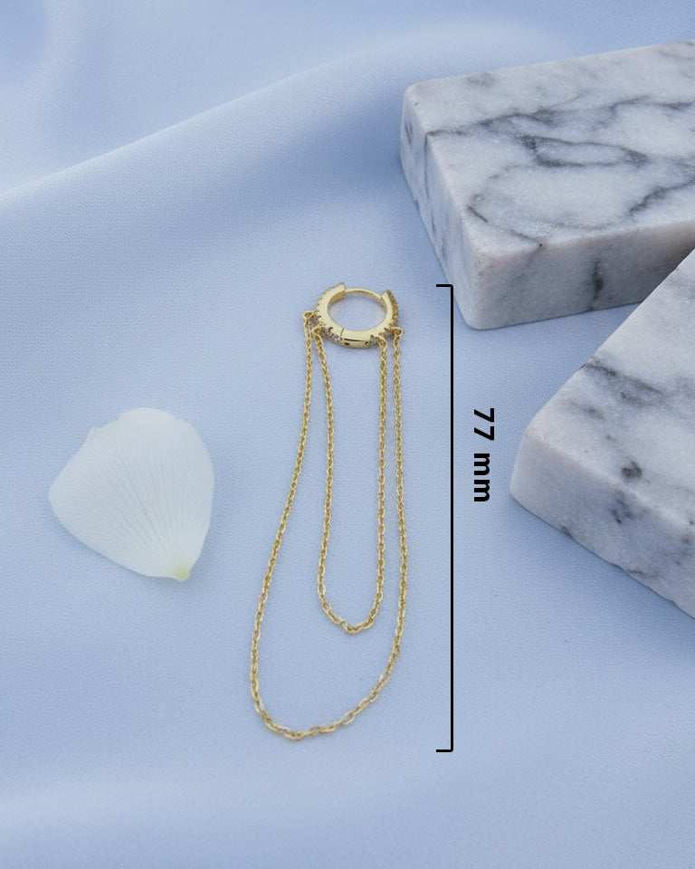 8 mm CZ hoop with dangling double chain earring.