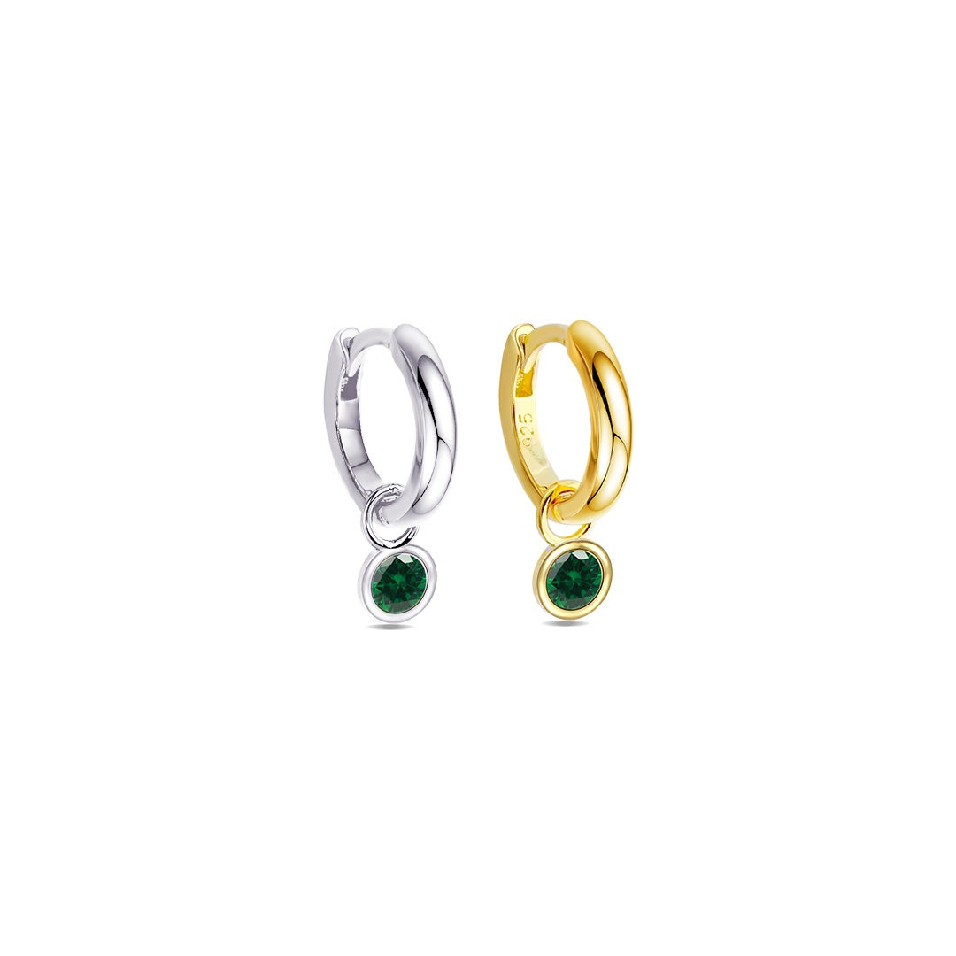 Plain hoop with dangling emerald color CZ stone in a bezel setting.
