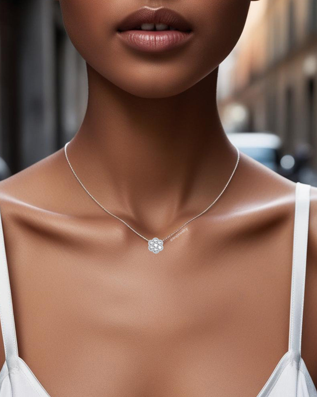 Flower CZ shape necklace in a cluster setting necklace.