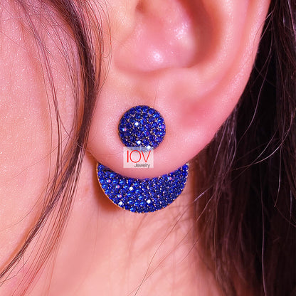 Back and front round fushia and blue earrings.