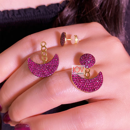 Back and front round fushia and blue earrings.