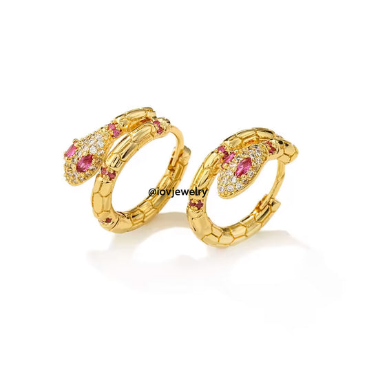 serpent shape hoops earring with ruby CZ.