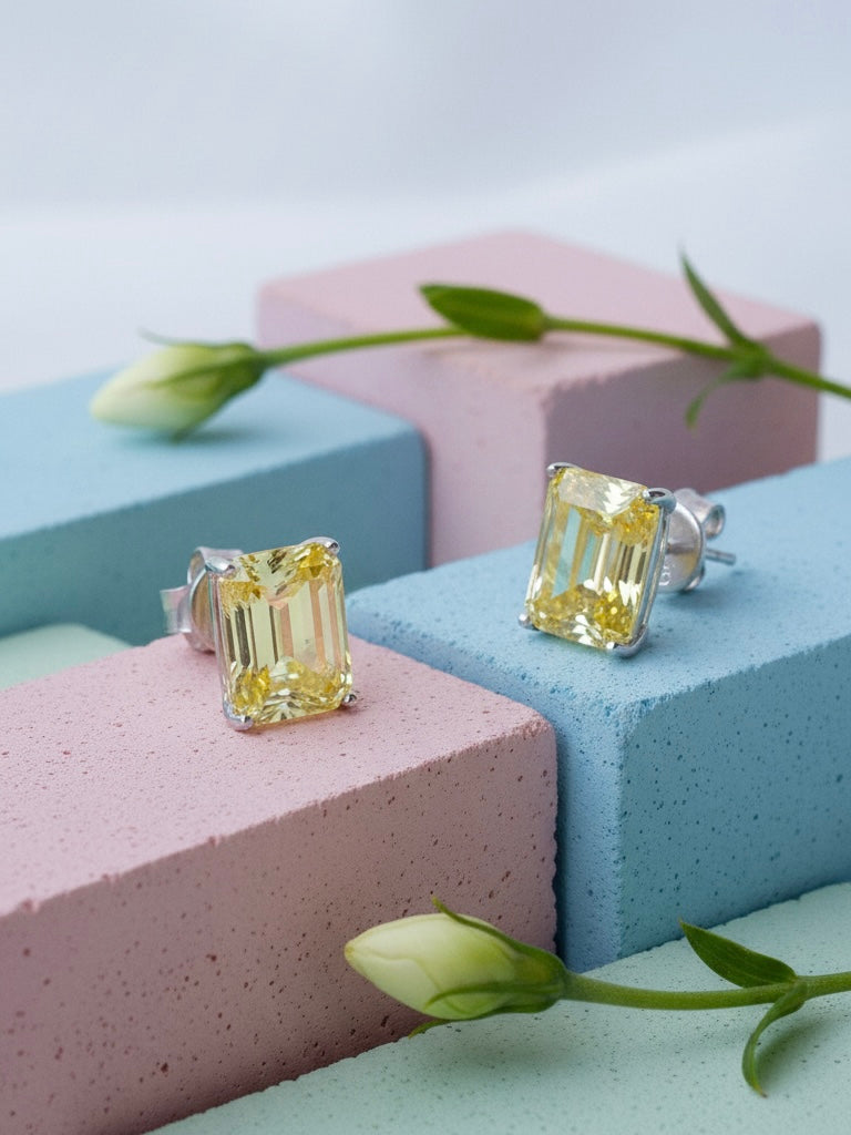rectangular pink and yellow CZ stud earrings.