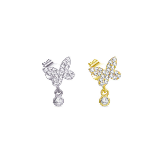butterfly stud earring with dangling bezel setting stone.