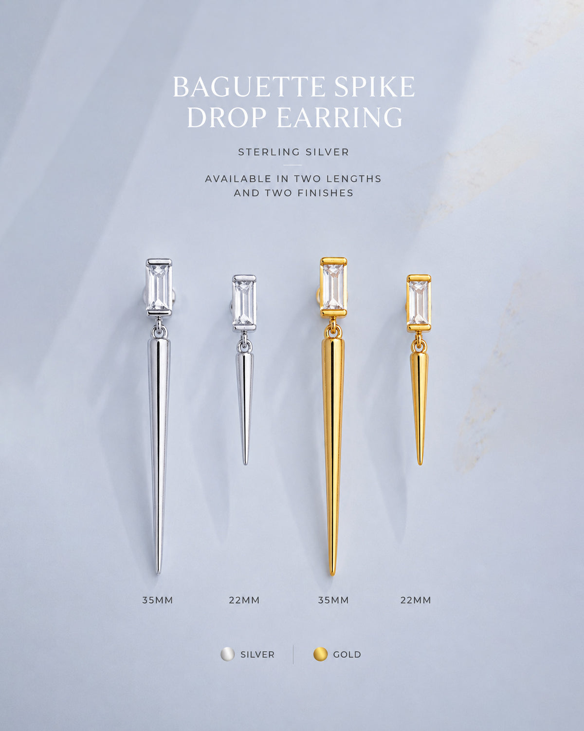 Baguette stone stud earring with dangling cone shape.