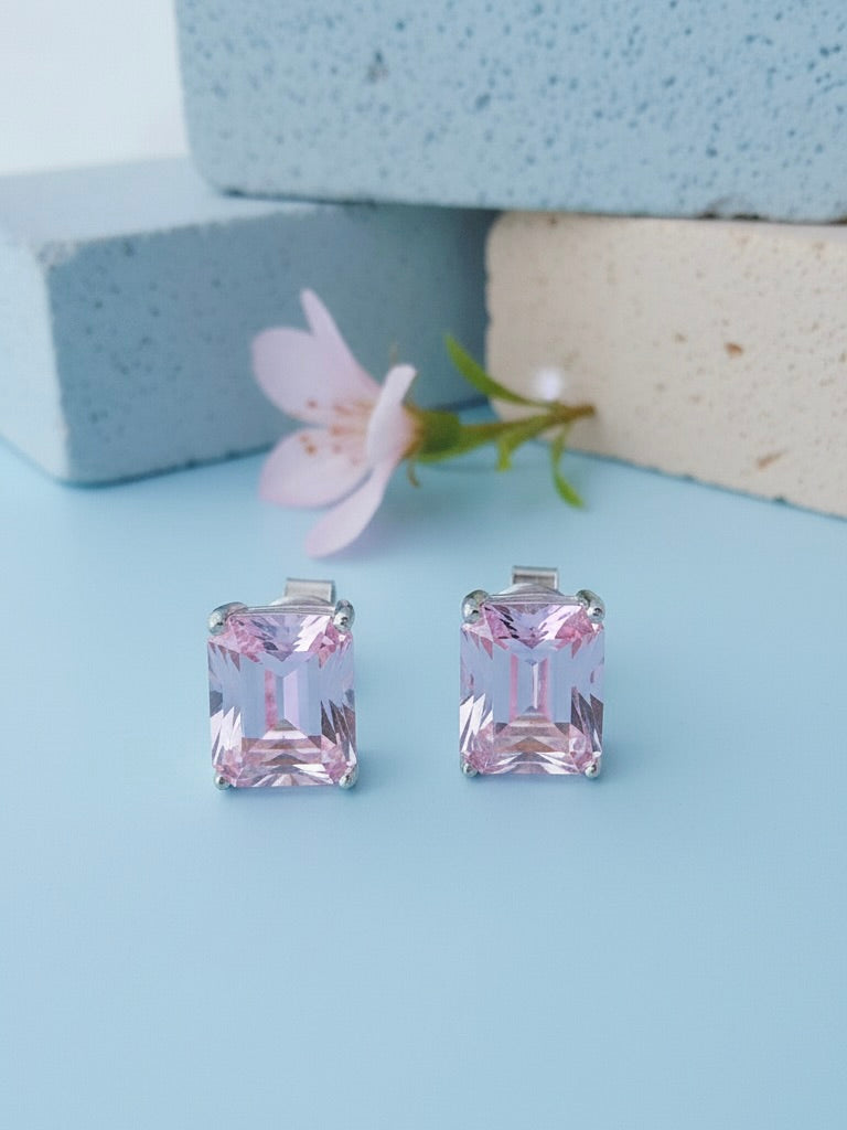 rectangular pink and yellow CZ stud earrings.