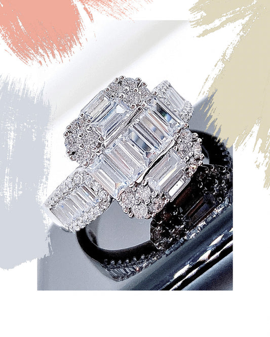 baguettes and round cz stones luxury silver ring. 