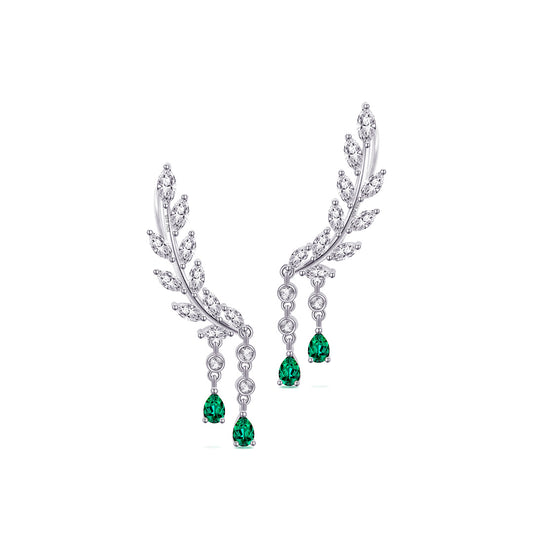 feather shape climber earring with dangling emerald color pear shape stones.