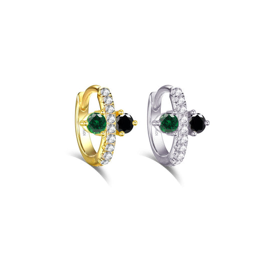 Huggie hoop earring with green and black stones.