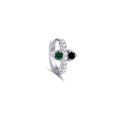 Huggie hoop earring with green and black stones.