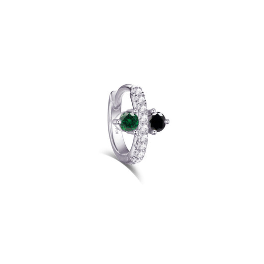 Huggie hoop earring with green and black stones.