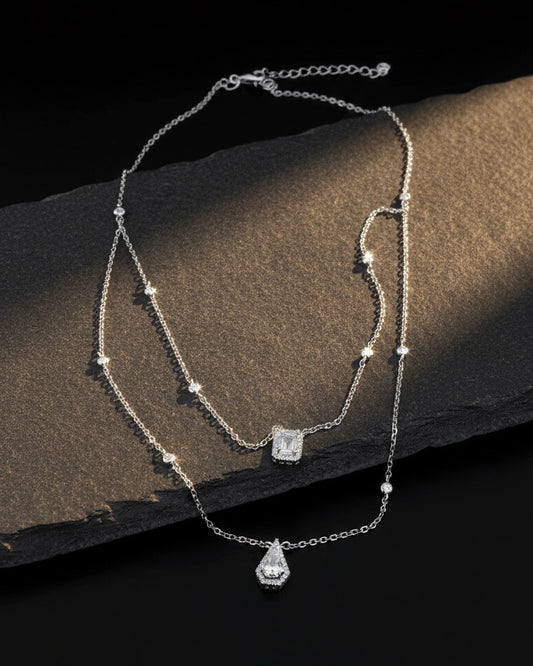 two layers necklace of rectangular and kite CZ shape.