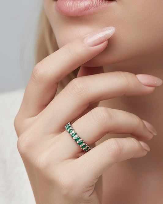 half band of emerald color marquise and round CZ.