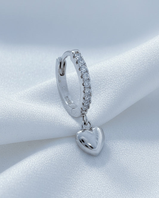 CZ huggie hoop earring with dangling plain heart shape.