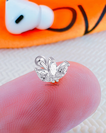 three marquise stones in lotus shape ballback piercing earring.