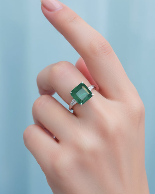 square emerald color agate stone with two cz tapers ring.