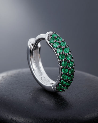 huggie emerald and sapphire three rows of stones earring.
