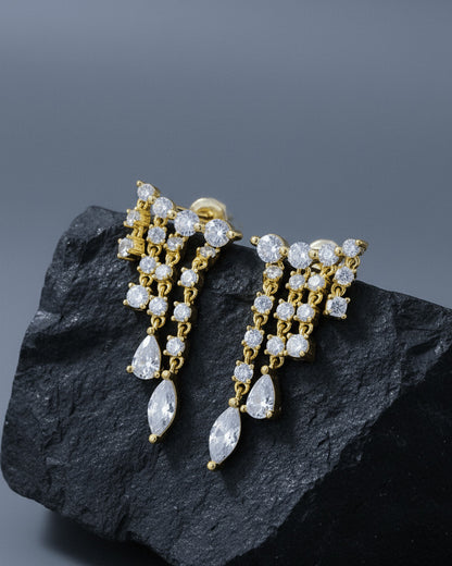 Yellow Gold-Plated Silver Chandelier Earrings with CZ Stones.
