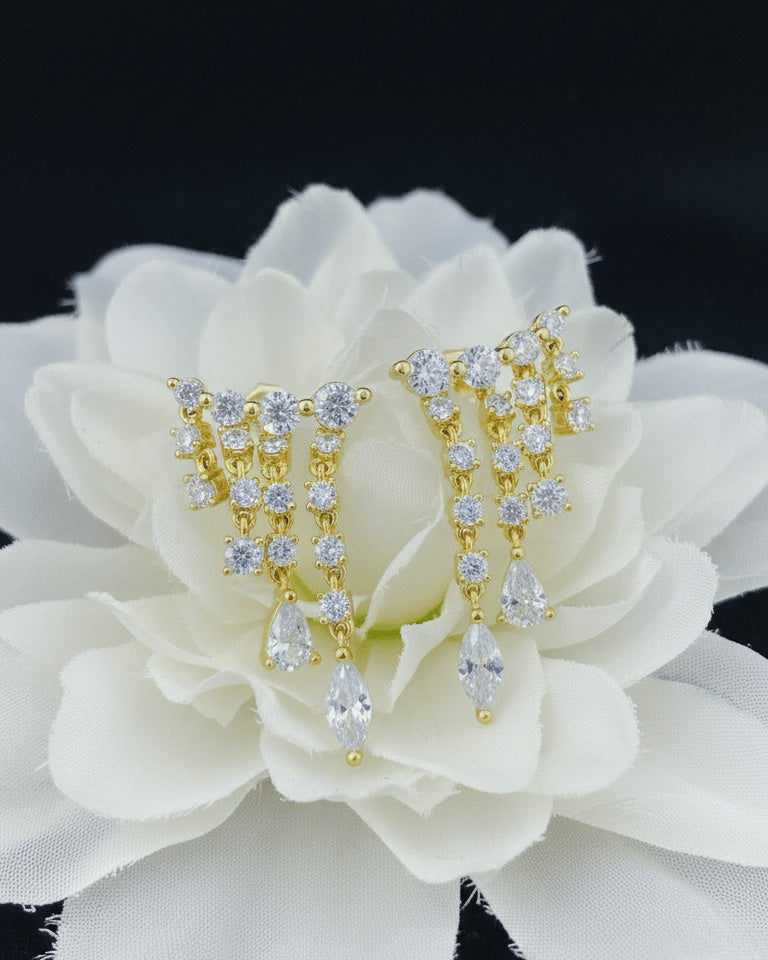 Yellow Gold-Plated Silver Chandelier Earrings with CZ Stones.