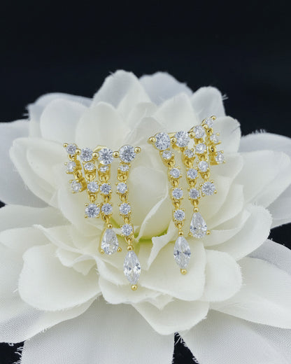 Yellow Gold-Plated Silver Chandelier Earrings with CZ Stones.