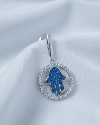 Hamsa sapphire color shape in a circle stud earring.