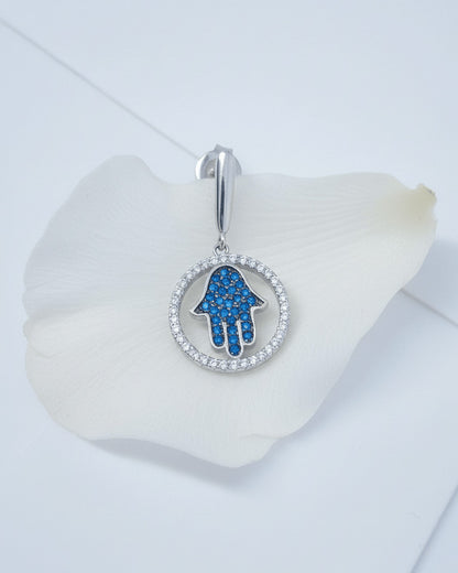 Hamsa sapphire color shape in a circle stud earring.