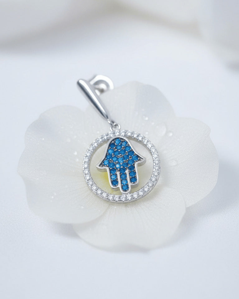 Hamsa sapphire color shape in a circle stud earring.