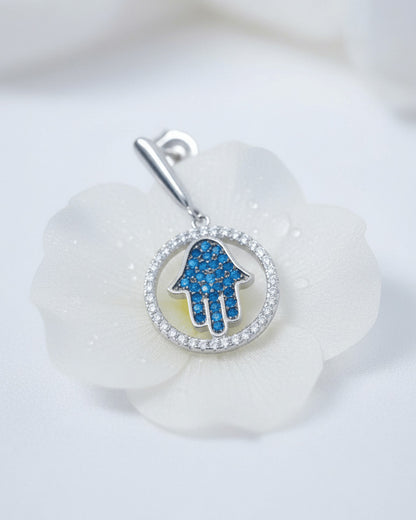 Hamsa sapphire color shape in a circle stud earring.