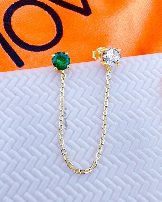 emerald color and white CZ double stud chain-linked earring.