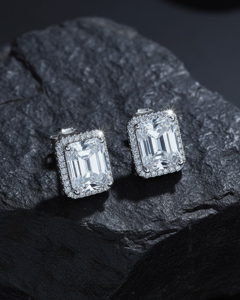 rectangular CZ emerald cut in halo setting stud earring.