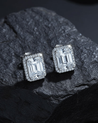 rectangular CZ emerald cut in halo setting stud earring.